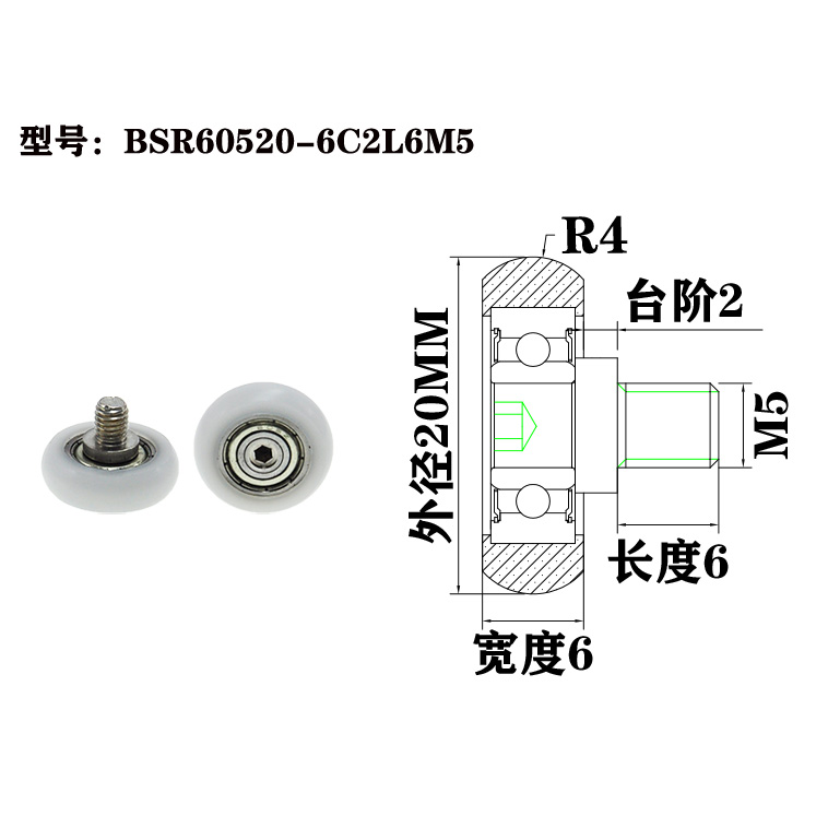 BSR60520-6C2L6M5 Wear-Resistant Plastic Wheel Pulley with Screw for Long Lifespan.jpg